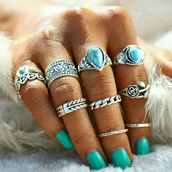Jewelry - 10pcs Boho Turquoise Flower Knuckle Midi Ring10pcs